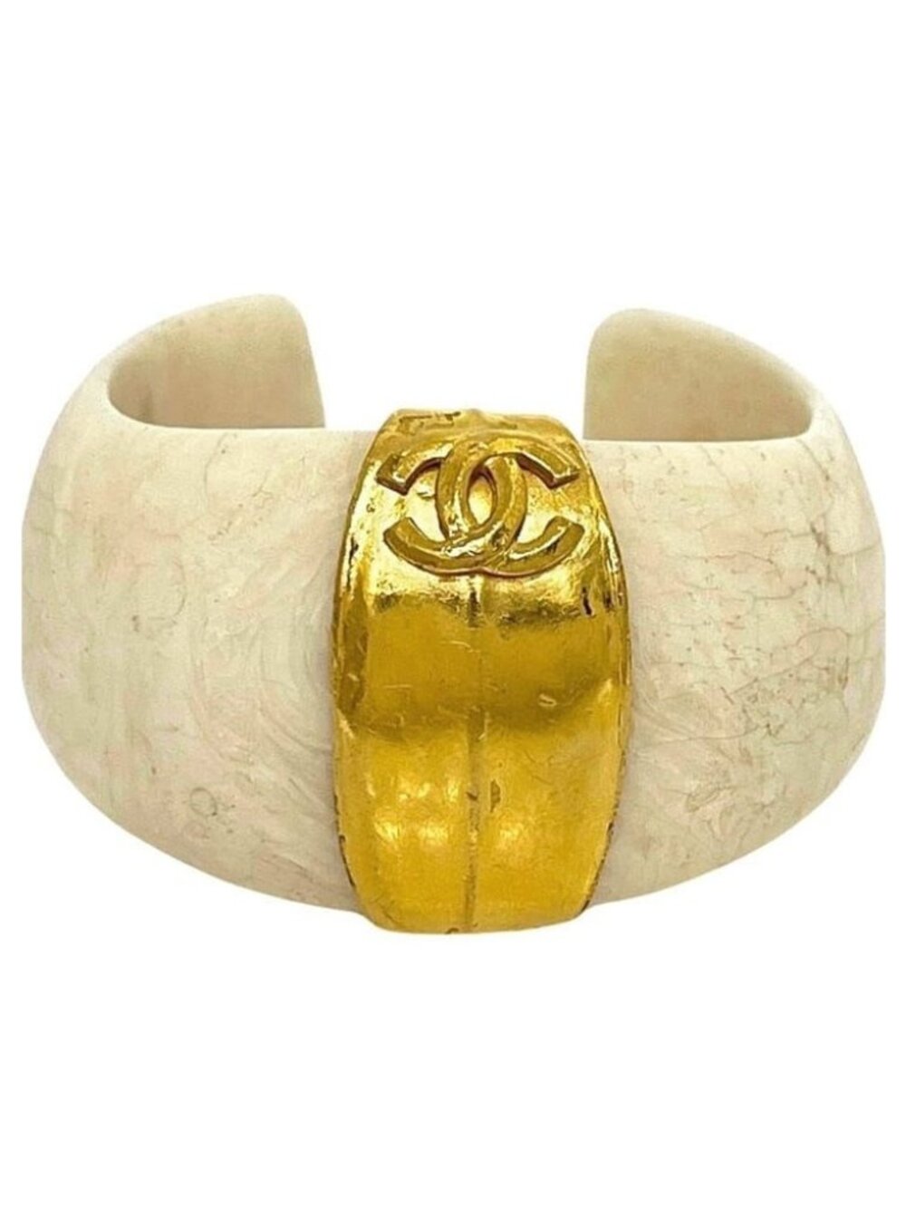 Chanel Bangle Bracelet CC Logo 98 P Resin Metal Ivory Vintage